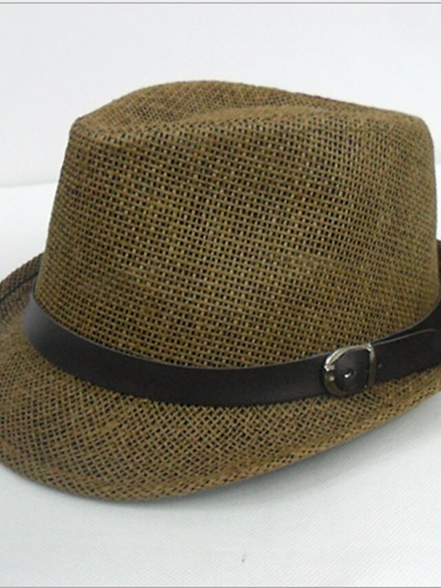  Men's Work Casual Straw Fedora Hat Straw Hat-Solid Colored Summer Black Beige Brown / White / Hat & Cap