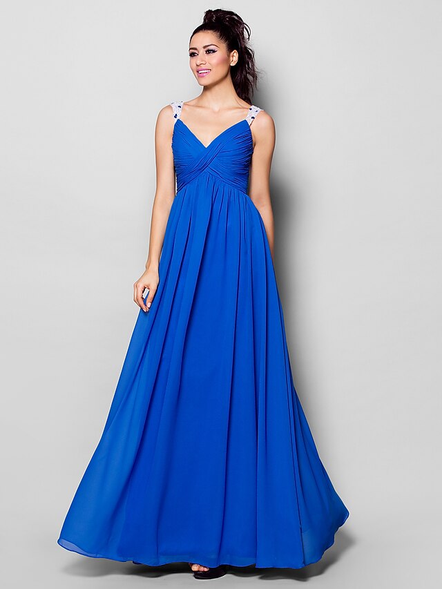  A-Line Dress Formal Evening Floor Length Sleeveless V Neck Chiffon with Criss Cross Ruched Crystals 2023