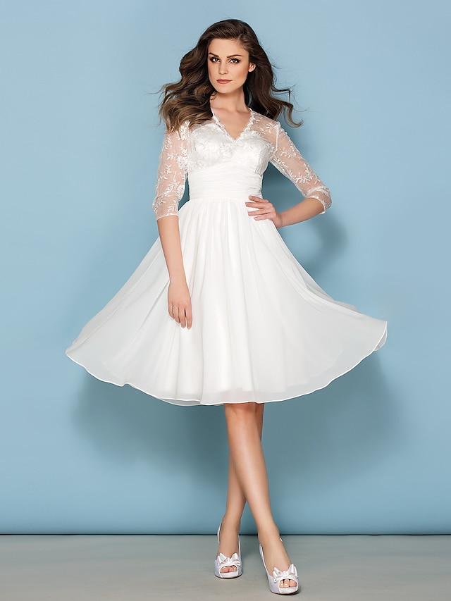  A-Line V Neck Knee Length Chiffon / Lace Made-To-Measure Wedding Dresses with Sash / Ribbon by LAN TING BRIDE® / Illusion Sleeve / See-Through