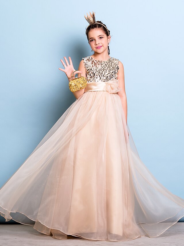  A-Line Floor Length Junior Bridesmaid Dress Organza Sleeveless Jewel Neck with Sash / Ribbon 2022 / Natural