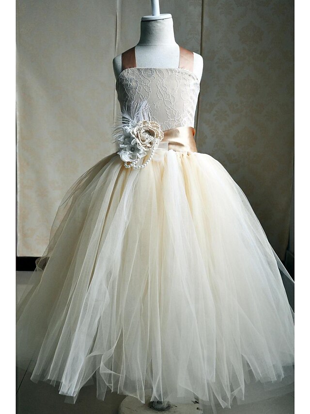  A-Line Ankle Length Flower Girl Dress - Silk Sleeveless Square Neck with Bow(s) / Sash / Ribbon / Flower by LAN TING Express