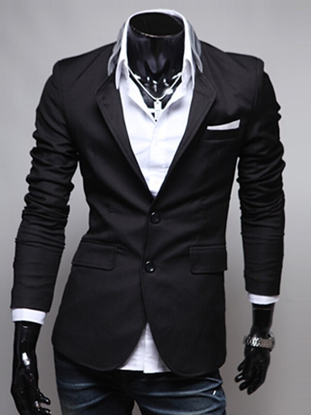  Men's Daily Spring / Fall Regular Blazer, Solid Colored Notch Lapel Long Sleeve Cotton Black / Gray / Red L / XL / XXL