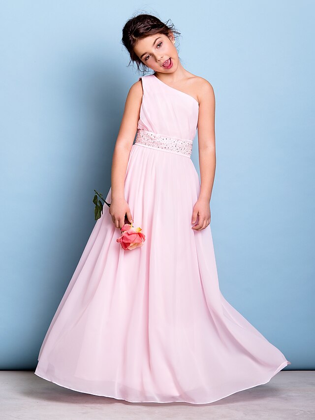  A-Line Floor Length Junior Bridesmaid Dress Chiffon Sleeveless One Shoulder with Sash / Ribbon 2022 / Natural