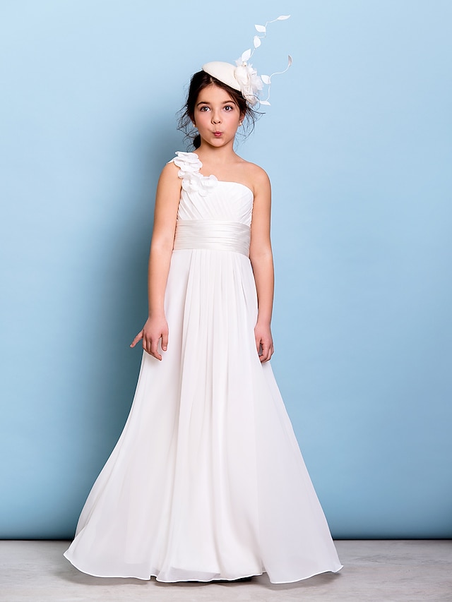  A-Line Floor Length Junior Bridesmaid Dress Chiffon Sleeveless One Shoulder with Sash / Ribbon 2022 / Natural