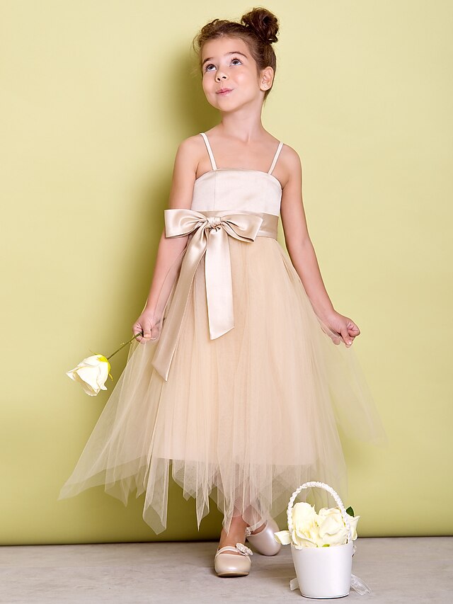  A-line асимметричное платье девушки цветка - тюлевые спагетти ремни с лентой от lan ting bride®