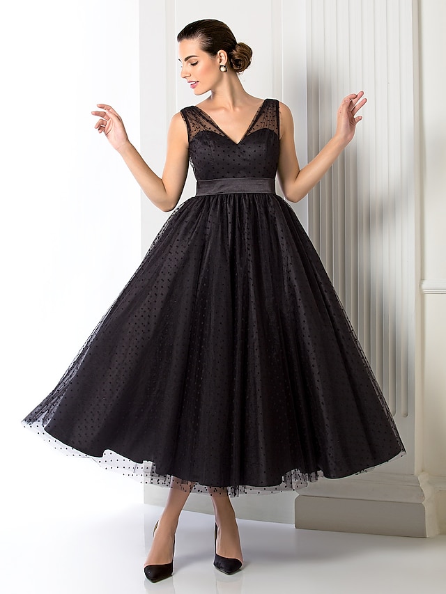  A-Line 1950s Minimalist Holiday Homecoming Cocktail Party Dress V Neck Sleeveless Tea Length Tulle with Sash / Ribbon  / Prom / Formal Evening