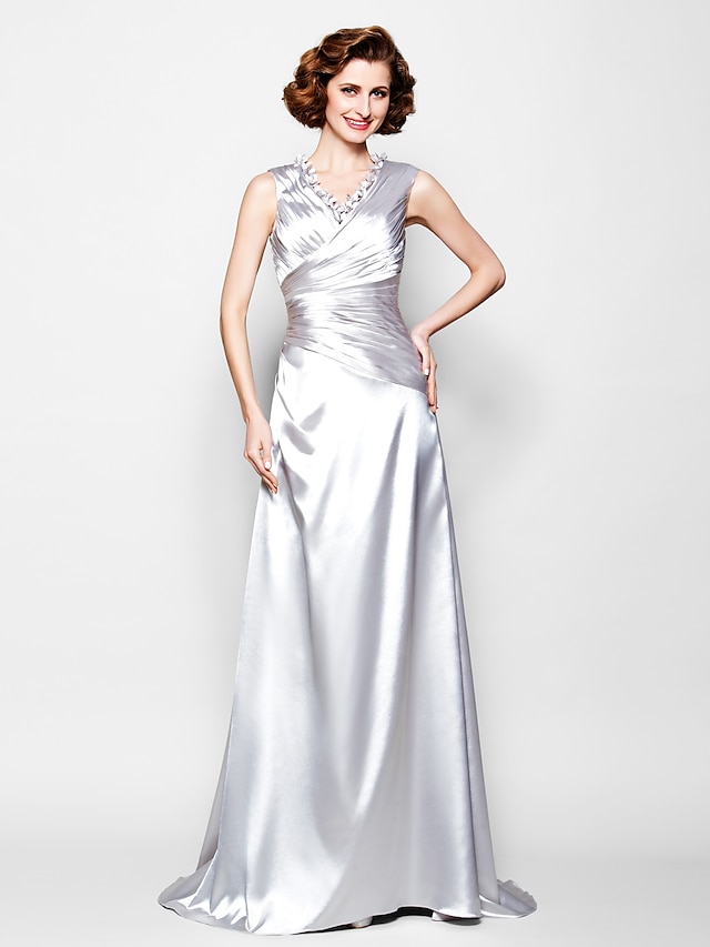  A-Line V Neck Sweep / Brush Train Stretch Satin Mother of the Bride Dress with Beading / Side Draping / Criss Cross by LAN TING BRIDE®
