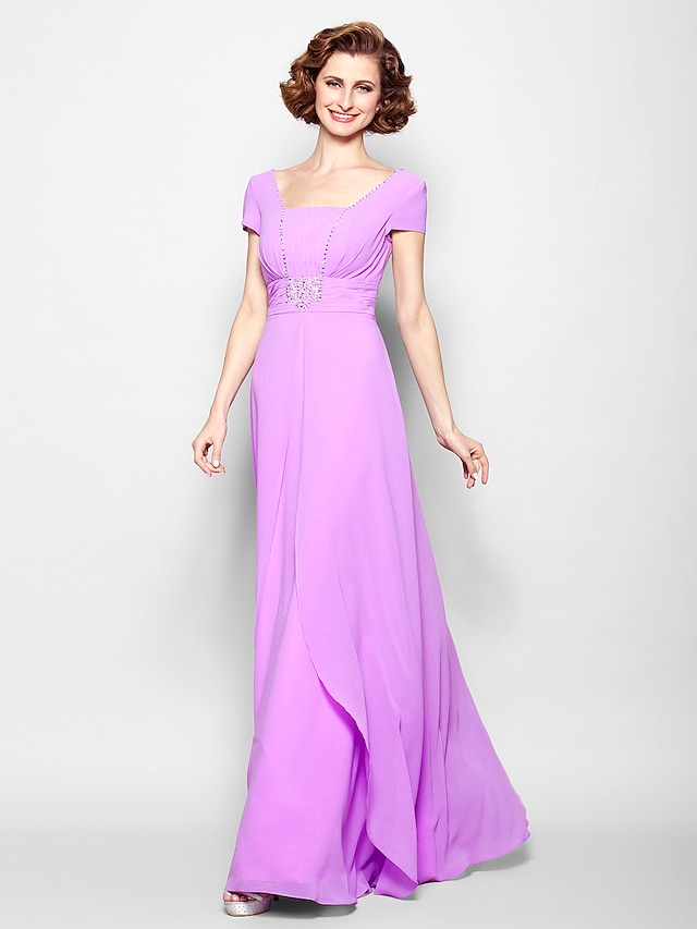  A-Line Square Neck Floor Length Georgette Mother of the Bride Dress with Beading / Ruched by LAN TING BRIDE®