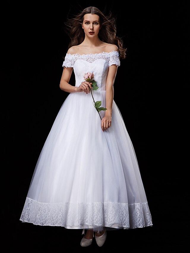  A-Line / Princess Off Shoulder Ankle Length Lace / Tulle Made-To-Measure Wedding Dresses with Bowknot / Appliques / Button by LAN TING BRIDE® / See-Through