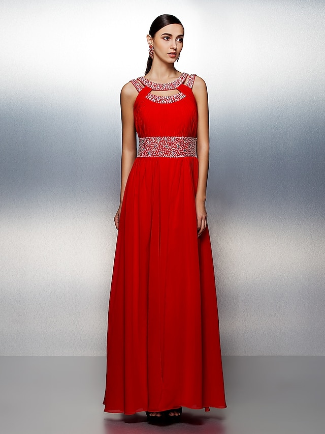  A-Line Cut Out Furcal Prom Formal Evening Dress Jewel Neck Sleeveless Floor Length Chiffon with Sash / Ribbon Beading Draping