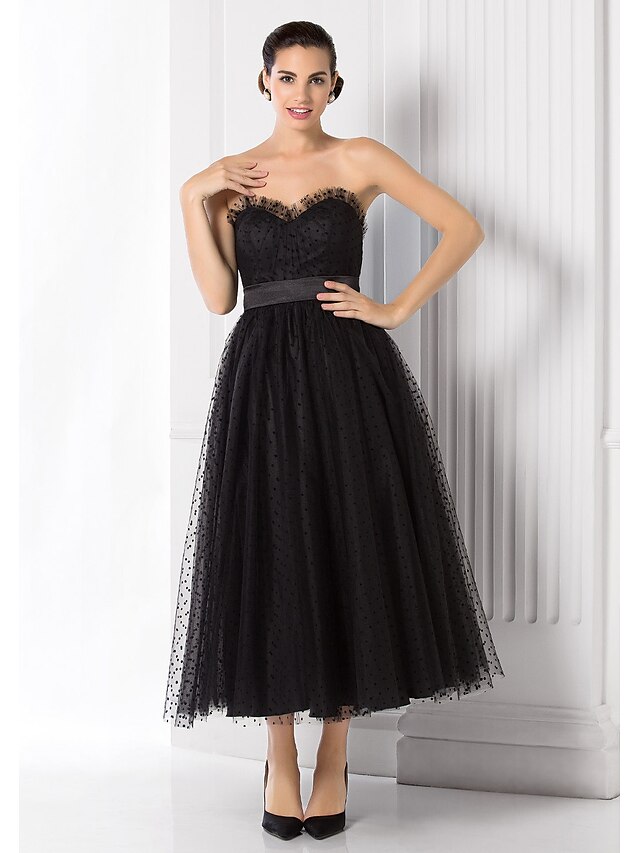  Ball Gown Black Dress Dress Holiday Homecoming Tea Length Sleeveless Sweetheart Tulle with Sash / Ribbon 2024
