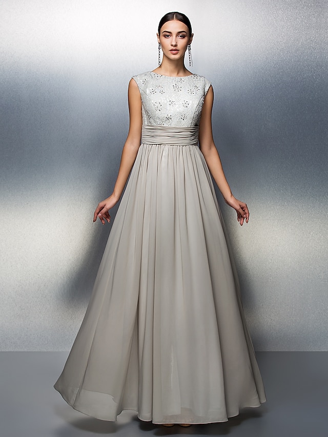  Sheath / Column Elegant Dress Prom Formal Evening Floor Length Sleeveless Jewel Neck Chiffon V Back with Ruched Beading 2024