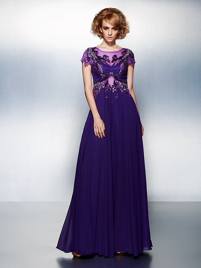  A-Line See Through Formal Evening Dress Illusion Neck Short Sleeve Floor Length Chiffon with Appliques