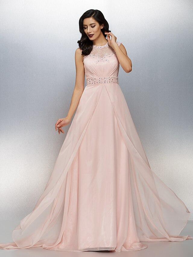  A-Line Pastel Colors Formal Evening Dress Illusion Neck Sleeveless Sweep / Brush Train Chiffon with Lace Sash / Ribbon Crystals 2020