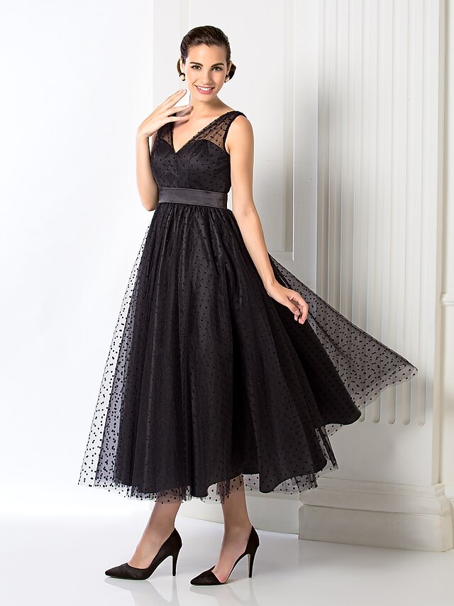 Formal Women's Dresses A-Line/Princess V-neck Sleeveless Tea-Length Homecoming Dresses Prom Dress Prom Dress Shops main image 1