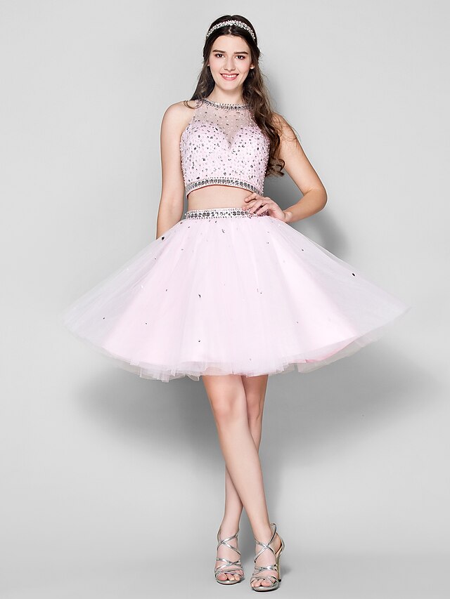  Ball Gown Jewel Neck Short / Mini Tulle Two Piece Cocktail Party / Prom Dress with Beading / Crystals by