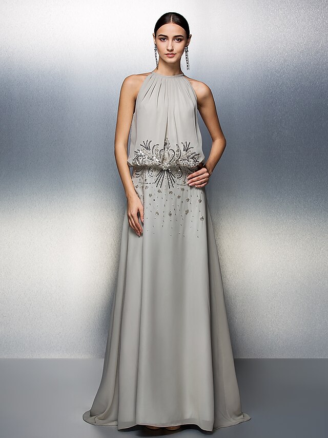  A-Line Elegant Dress Prom Floor Length Sleeveless Jewel Neck Chiffon with Ruched Beading  / Formal Evening
