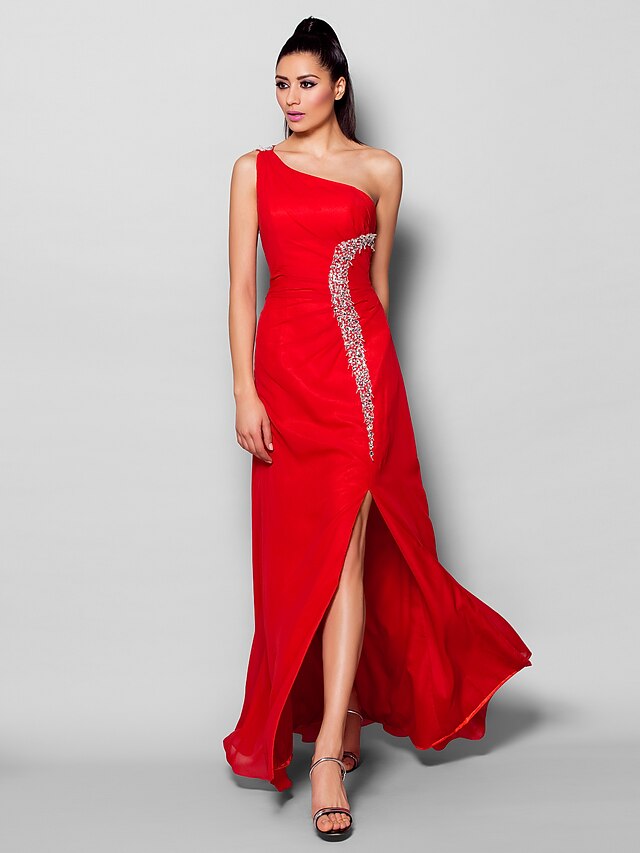  Sheath / Column Furcal Formal Evening Dress One Shoulder Sleeveless Floor Length Chiffon with Crystals Beading Split Front 2020