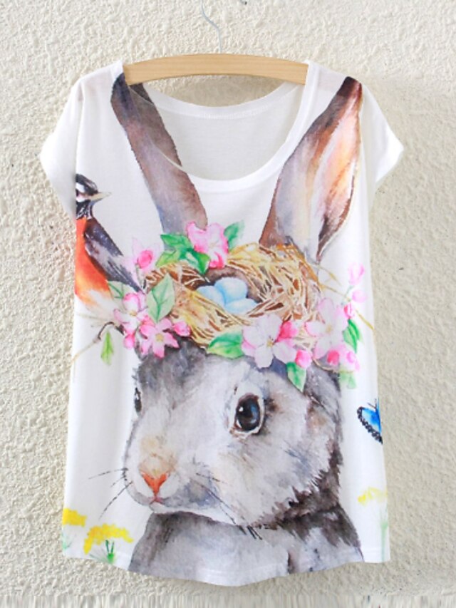  Women's Short Sleeve Floral Rabbit Graphic Printed T Shirt