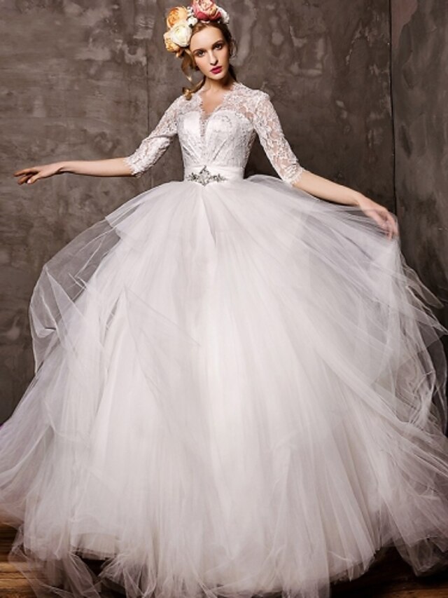  Ball Gown V Neck Court Train Tulle Made-To-Measure Wedding Dresses with Beading / Sash / Ribbon by / See-Through