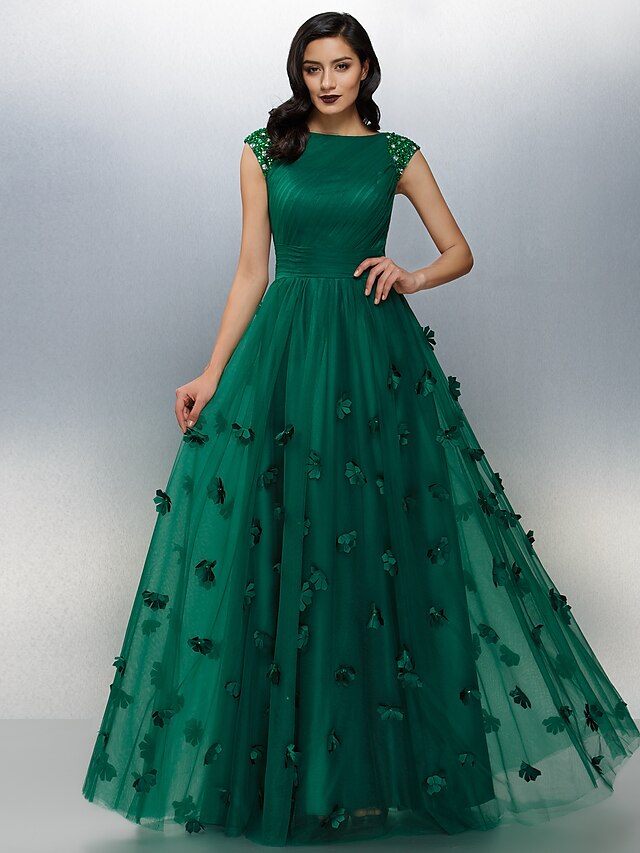  A-Line Floral Prom Formal Evening Dress Boat Neck Short Sleeve Floor Length Tulle with Crystals Appliques 2022