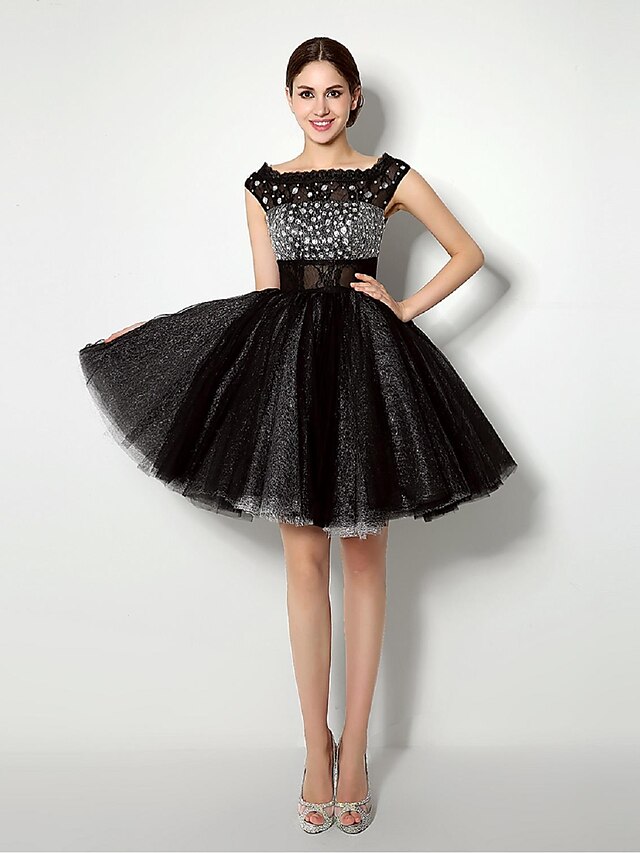 Ball Gown Fit & Flare Little Black Dress Cocktail Party Dress Bateau Neck Sleeveless Short / Mini Tulle with Lace Sash / Ribbon Pleats 2020