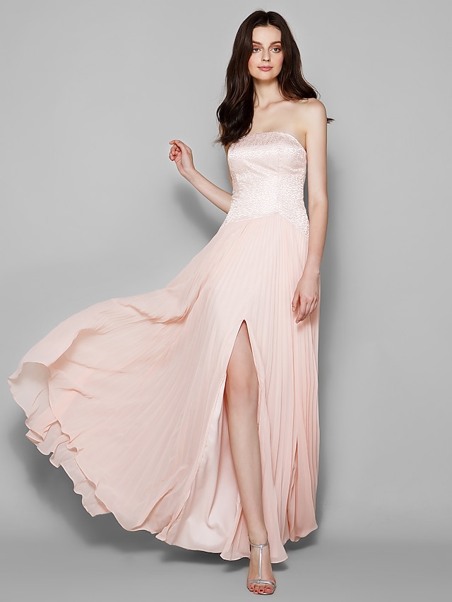  Sheath / Column Bridesmaid Dress Strapless Sleeveless Furcal Floor Length Chiffon / Lace with Lace / Split Front 2023