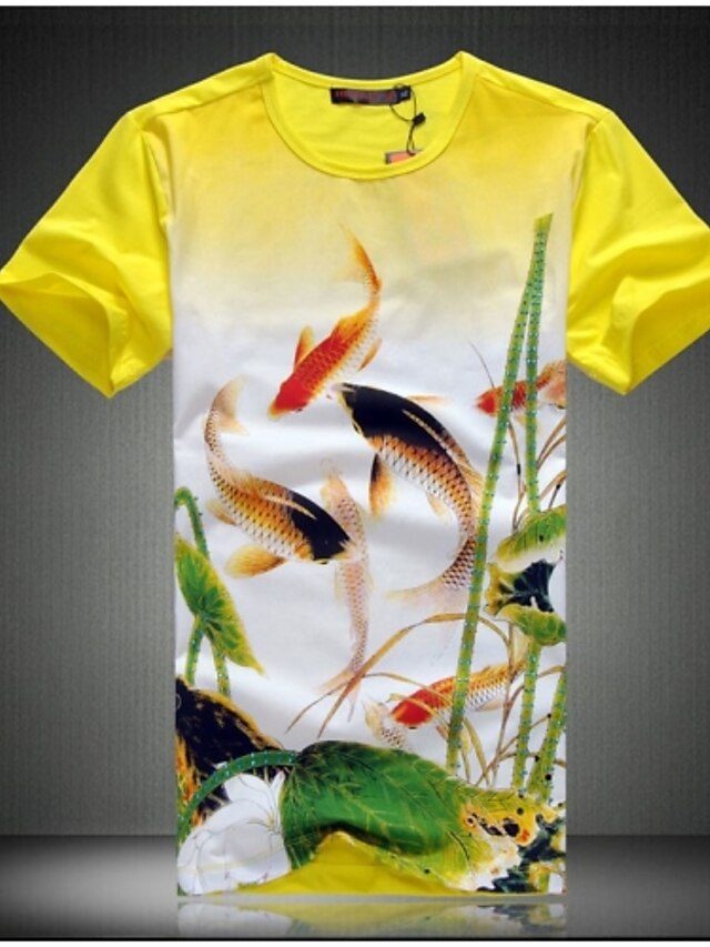  Men's Print T-shirt - Cotton Casual / Daily Plus Size White / Black / Yellow / Short Sleeve