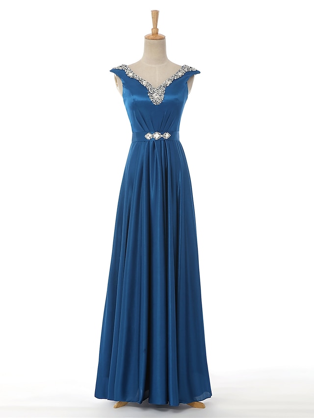  A-Line V-neck Floor Length Satin Formal Evening Dress with Beading by VIVIANS BRIDAL