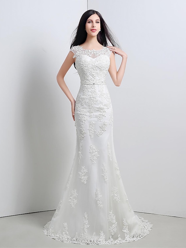  Sereia Vestido de casamento Renda Floral Cauda Escova Decote em U Renda Tule com Com Apliques Laço