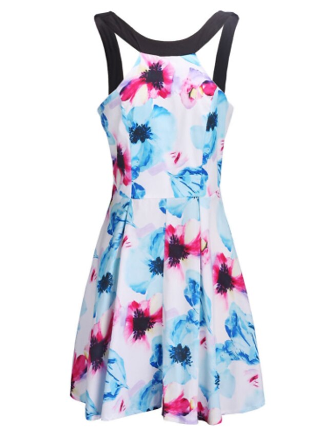  Women's Party Plus Size Loose Sheath Skater Dress - Print Backless Flower Halter Neck Summer Blue