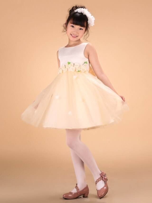  Princess Knee Length Flower Girl Dress - Satin / Tulle Sleeveless Bateau Neck with Bow(s) / Sash / Ribbon / Flower by
