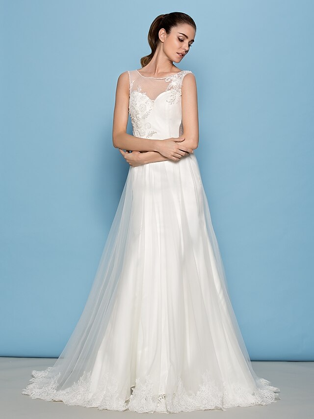  Wedding Dresses Court Train A-Line Sleeveless Scoop Neck Tulle With 2023 Bridal Gowns