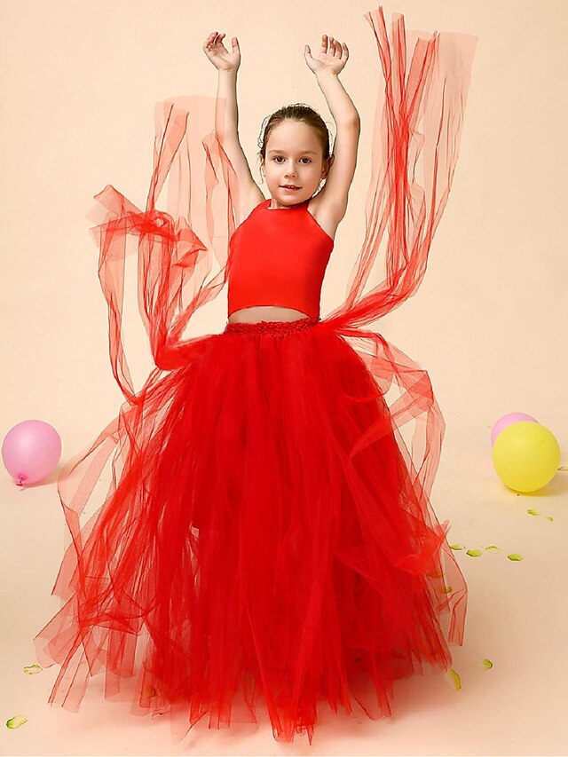  Βραδινή τουαλέτα Μακρύ Φόρεμα για Κοριτσάκι Λουλουδιών Χαριτωμένο φόρεμα χορού Σατέν με Ζώνη / Κορδέλα Κατάλληλο 3-16 ετών