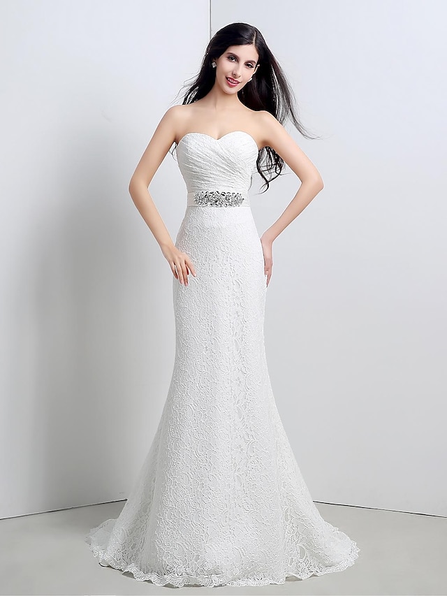  Wedding Dresses Mermaid / Trumpet Sweetheart Sleeveless Sweep / Brush Train Lace Bridal Gowns With Sash / Ribbon Criss-Cross 2024