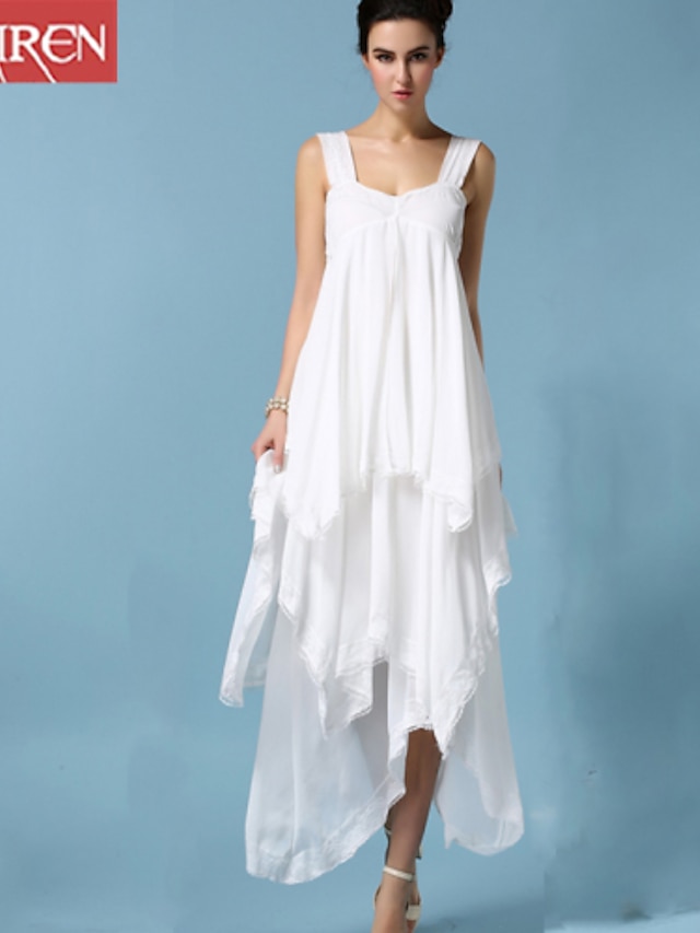  Beach Casual Maxi Swing Dress - Solid Colored Ruffle / Ruched Strap Summer Cotton White