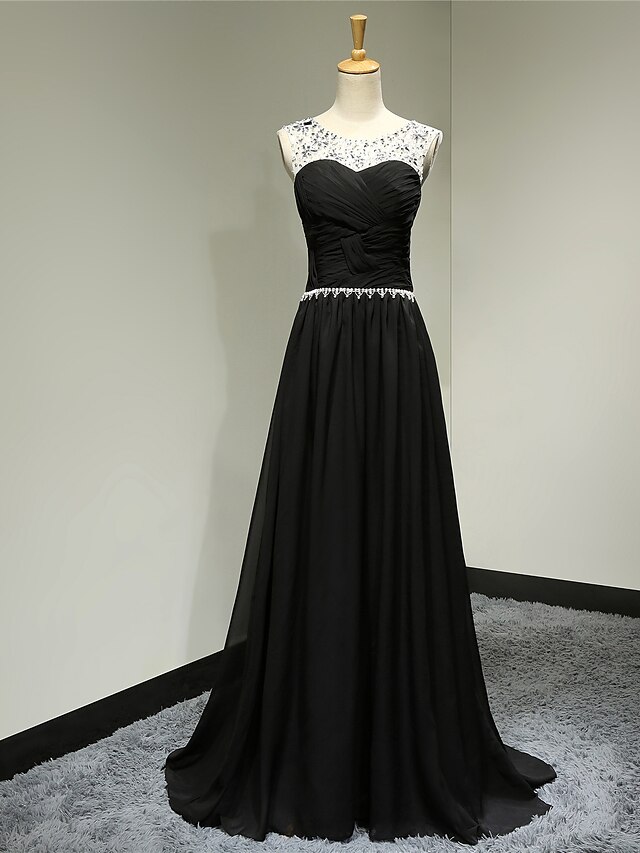  Formal Evening Dress A-line Scoop Sweep / Brush Train Chiffon with Beading