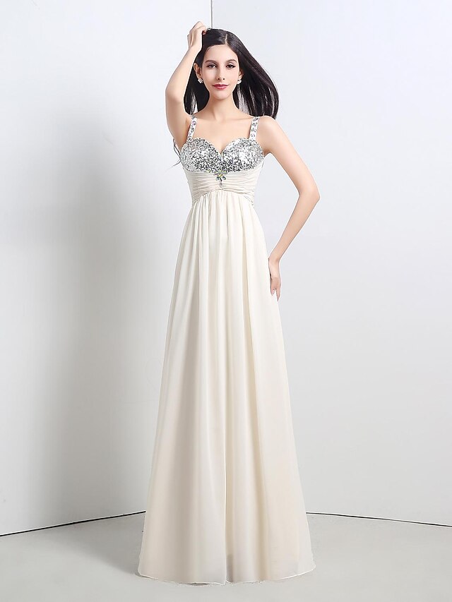  A-Line Sparkle & Shine Formal Evening Dress Straps Sleeveless Floor Length Chiffon Sequined with Lace Pleats Beading 2021