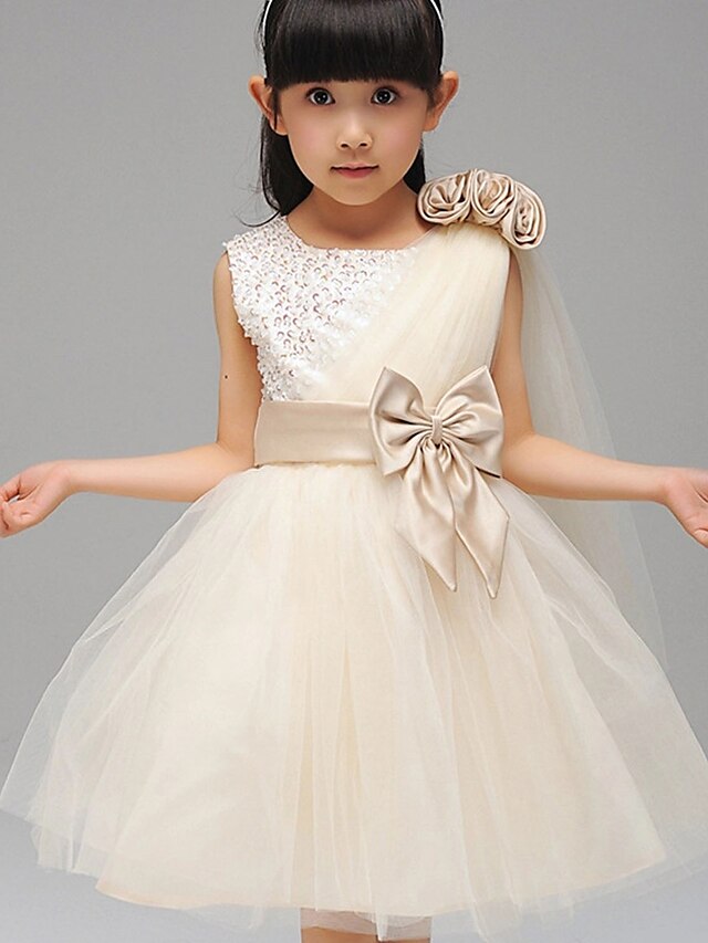  Ball Gown Knee Length Flower Girl Dress - Cotton / Polyester / Tulle Sleeveless Jewel Neck with Bow(s) by LAN TING Express
