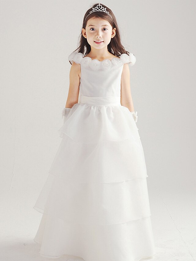  A-line Floor-length Flower Girl Dress - Cotton / Organza Sleeveless Off-the-shoulder with