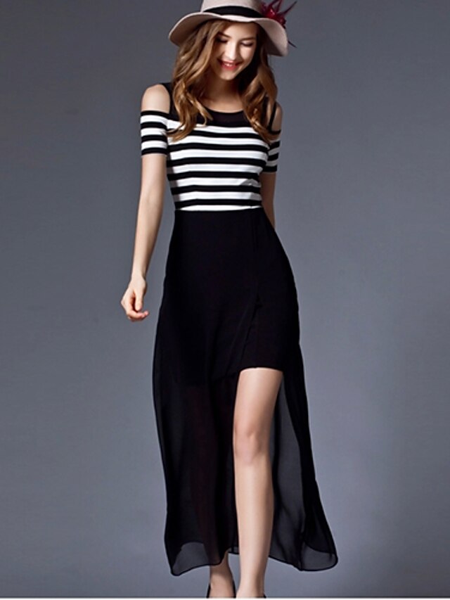  Women's Loose Sheath Dress Maxi long Dress Black Sleeveless Striped Split Summer Round Neck Belt Not Included Fine Stripe S M L XL