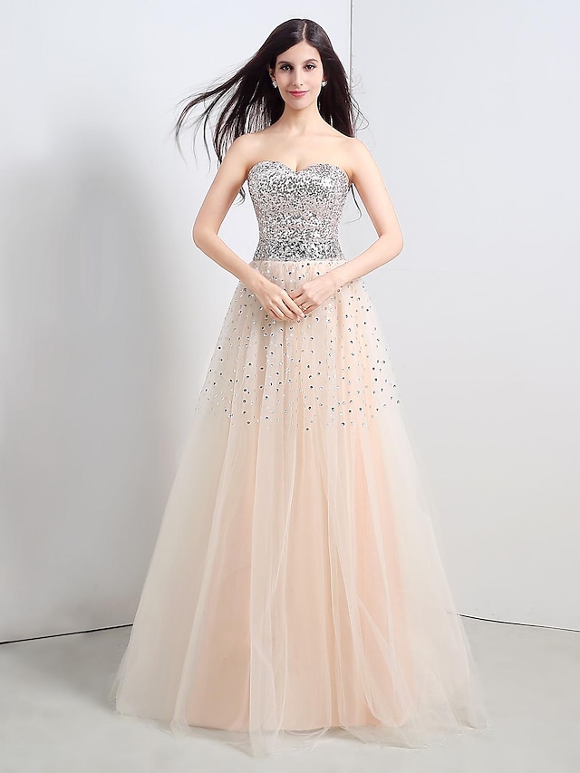  A-Line Strapless Floor Length Tulle Sequined Formal Evening Dress with Bow(s) Sash / Ribbon Pleats by Shiqiushi