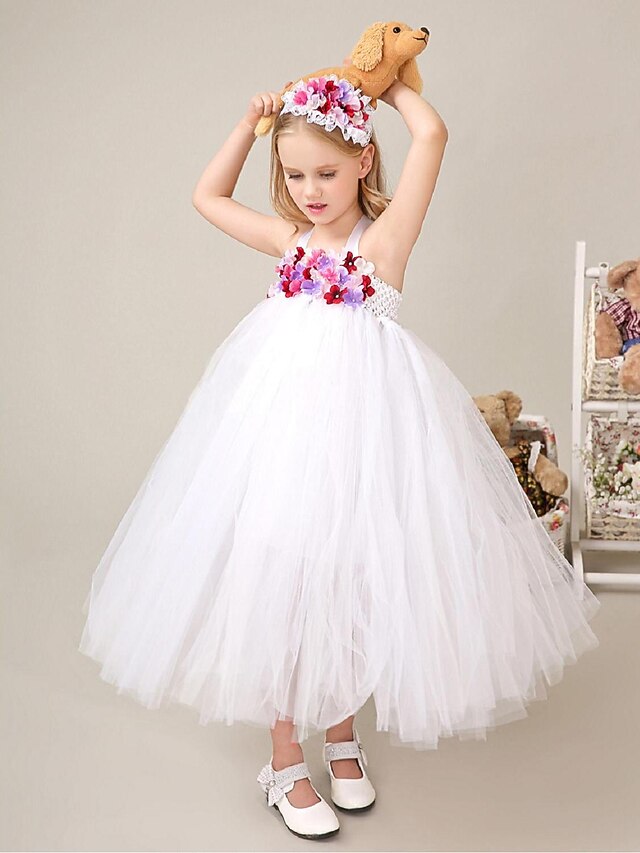 Ball Gown Tea Length Flower Girl Dress Tulle Sleeveless Straps with