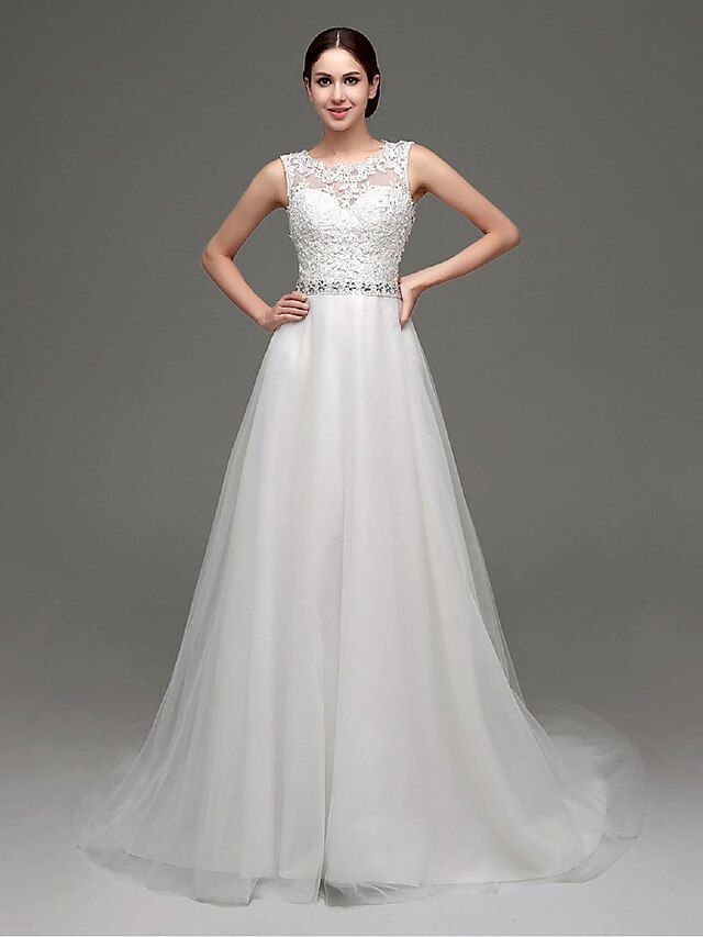  Hall Wedding Dresses A-Line Jewel Neck Sleeveless Court Train Lace Bridal Gowns With Sash / Ribbon Beading 2023