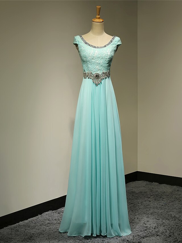  A-Line Scoop Neck Floor Length Chiffon Sparkle & Shine Formal Evening Dress with Beading by