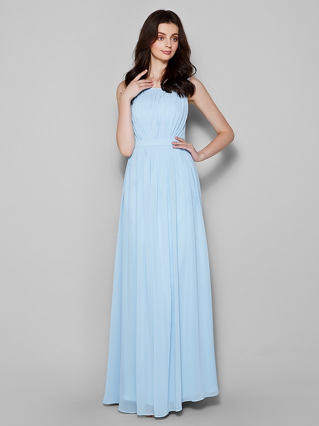  Sheath / Column Scoop Neck Floor Length Chiffon Bridesmaid Dress with Draping by LAN TING BRIDE®