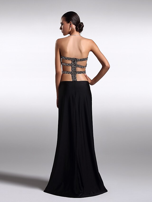  Sheath / Column Beautiful Back Holiday Cocktail Party Prom Dress Strapless Sleeveless Floor Length Knit with Beading  / Formal Evening