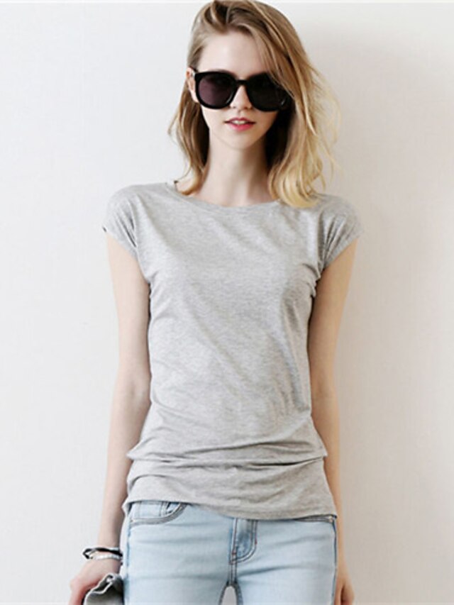  Damen Solide Einfach Lässig/Alltäglich T-shirt,Rundhalsausschnitt Sommer Kurzarm Weiß / Schwarz / Grau Baumwolle Dünn