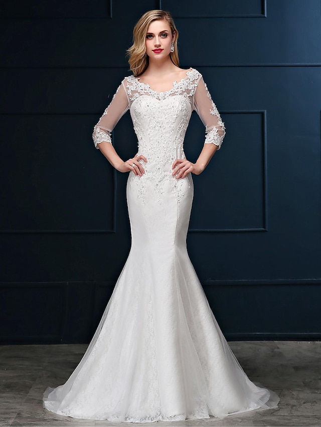  Wedding Dresses Mermaid / Trumpet V Neck 3/4 Length Sleeve Sweep / Brush Train Lace Over Tulle Bridal Gowns With Beading Appliques 2024