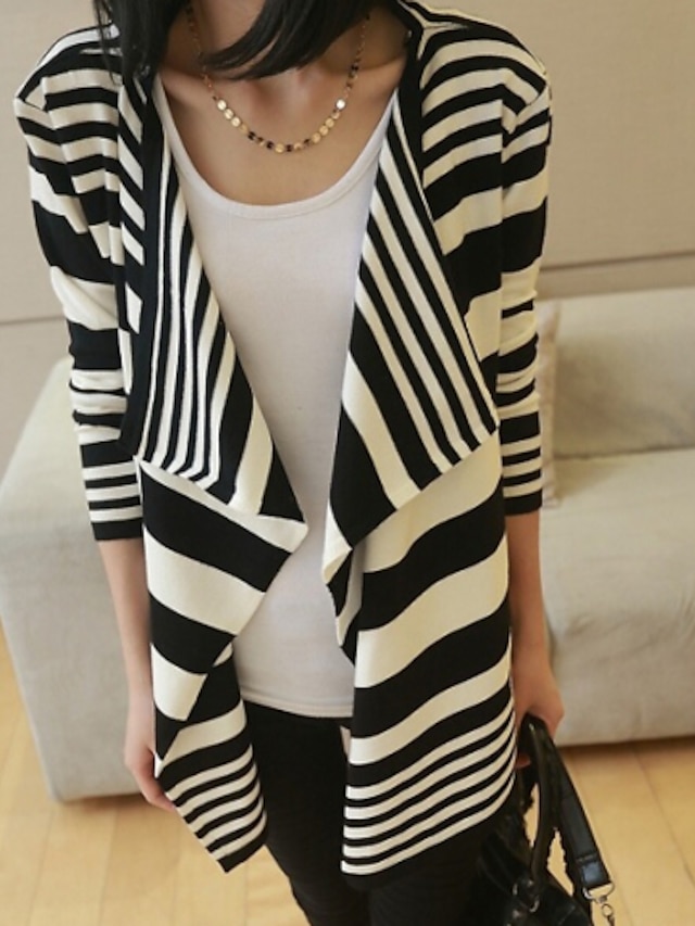  Women's Fine Stripe Classical Stripe Irregular Long Sleeve Loose Cardigan More Ways